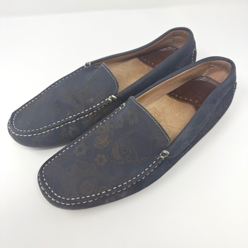 Robert Graham Mens‎ Navy Leather Skull Paisley Driving Loafers RG5366S Size 10